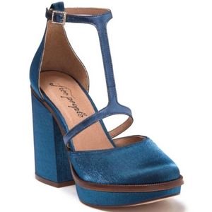 Free People Platform Pump Heels Wythe Boho Peacock Blue T Strap Satin 40